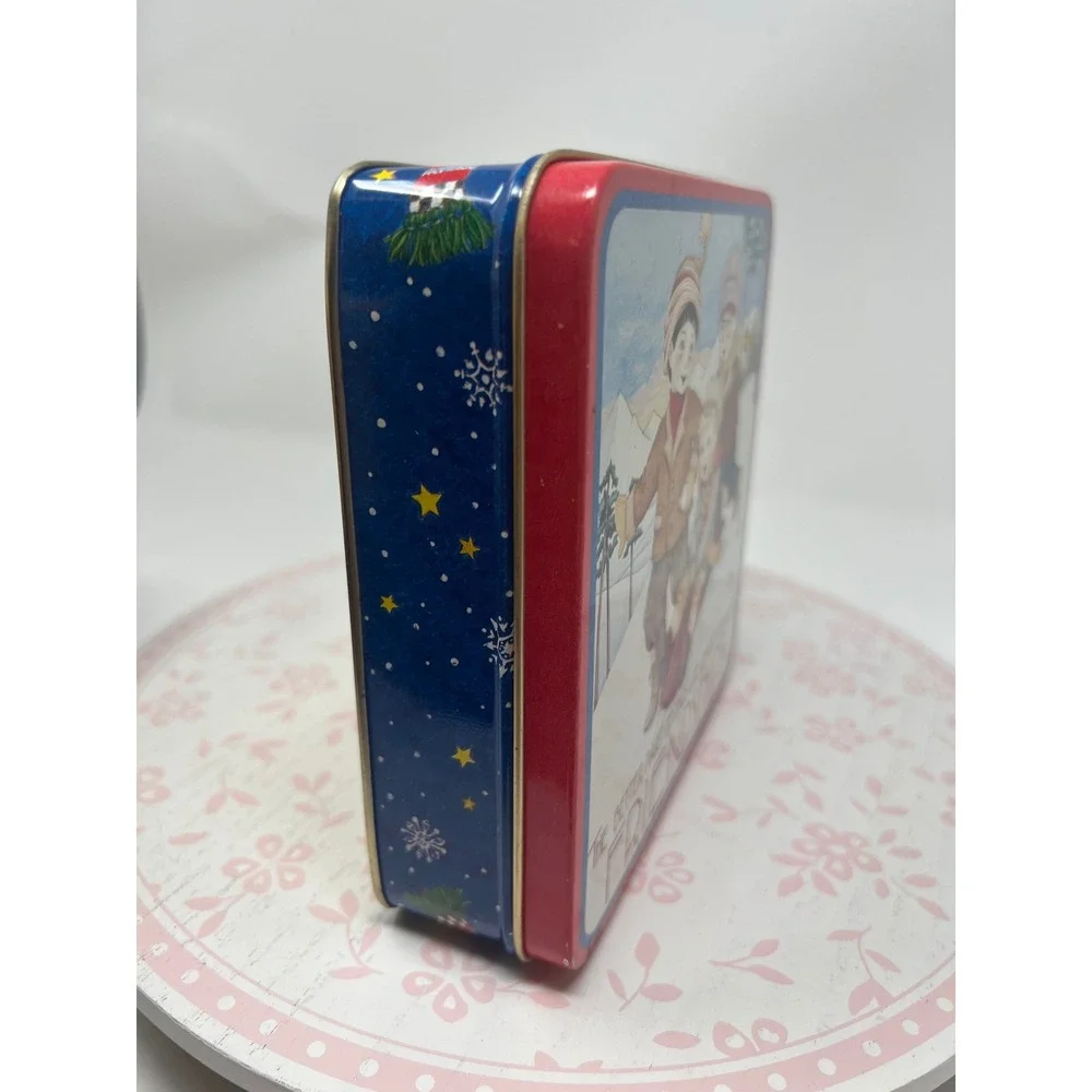 MARY ENGELBREIT Decorative Tin Blue Red Friendship Sledding Winter Scene Box